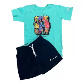 Champion boy's suit with short sleeve t-shirt and swim shorts 306792 BS049 emerald green-blue