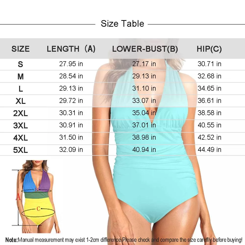 Custom Face Tropical Flowers Women's Halter Neck Tie One Piece Swimsuit Sexy Backless Wide Straps V Neck