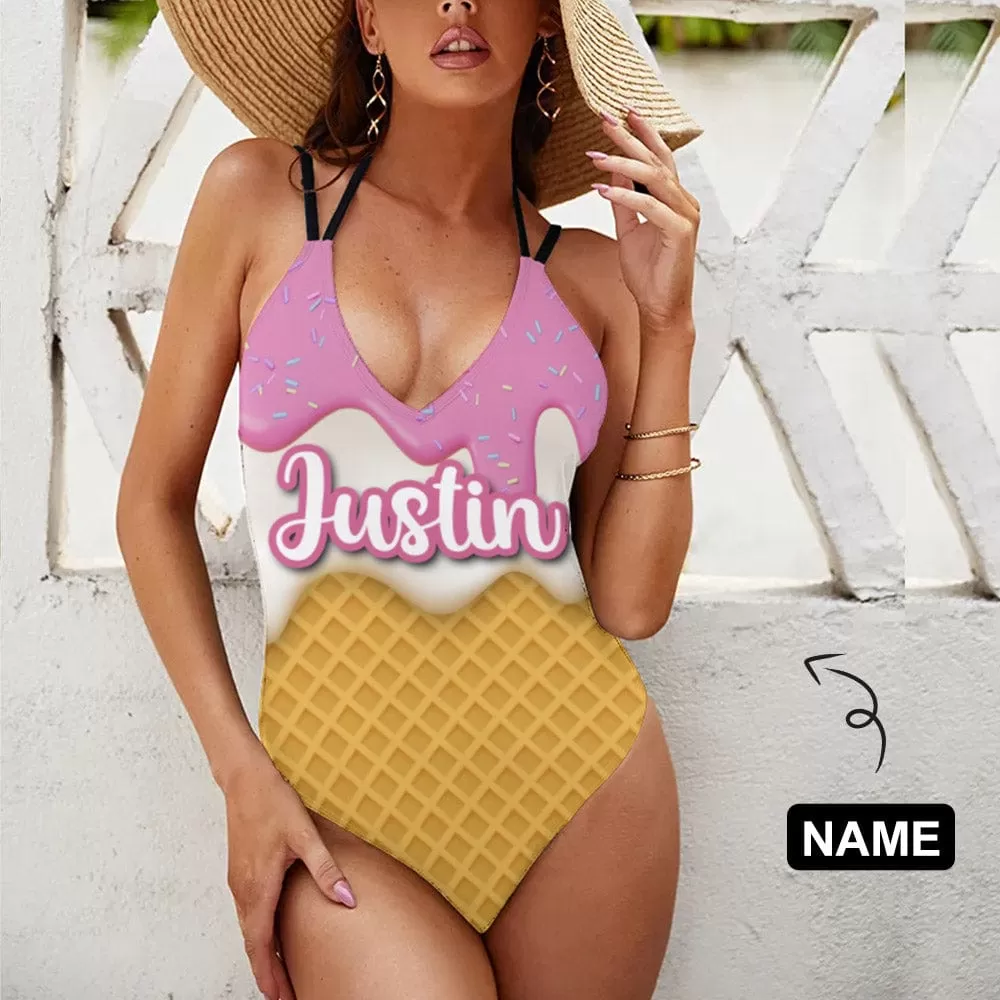 Custom Name Ice Cream Swimsuit Personalized Women's V-neck One Piece Bathing Suit For Her