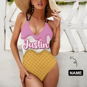 Custom Name Ice Cream Swimsuit Personalized Women's V-neck One Piece Bathing Suit For Her