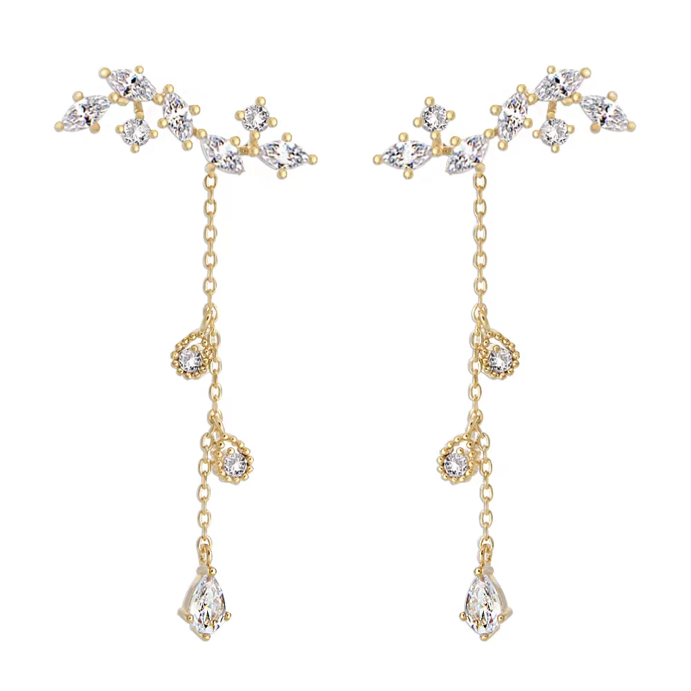 CZ Leaves Wrap Earrings with Teardrop Crystals