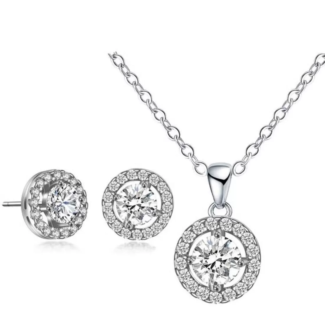 CZ  Solitaire Crystal Luxury Pendant Bracelet Earrings Set - 3 Variants