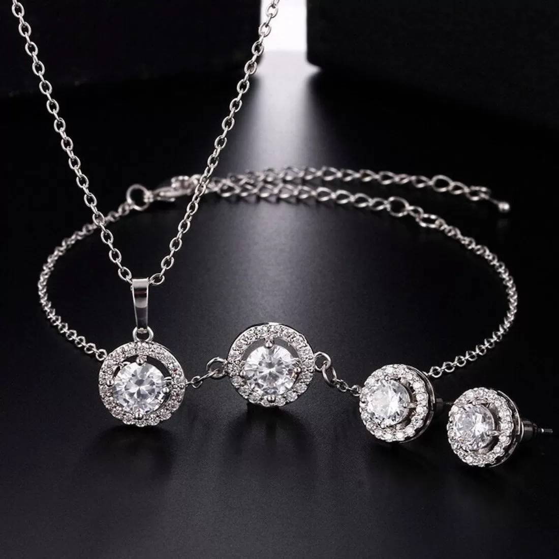 CZ  Solitaire Crystal Luxury Pendant Bracelet Earrings Set - 3 Variants