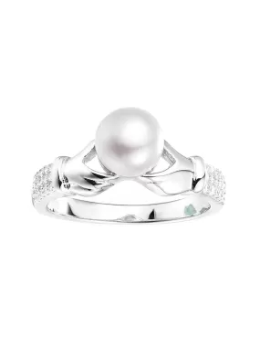 Deal Of The Month -  Real Freshwater Pearl And Diamond Solitaire Ring In 925 Silver