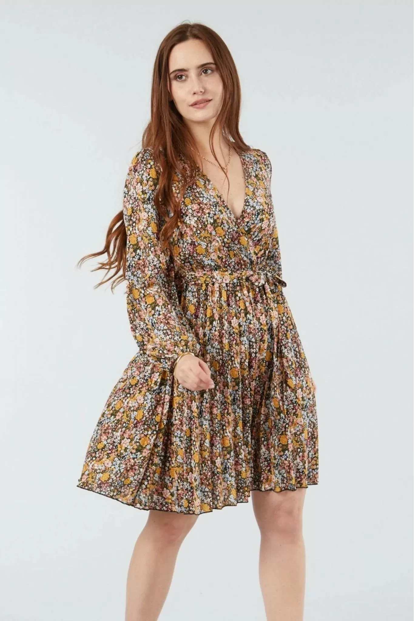 Double Second Mix Col Pleated Wrap Dress