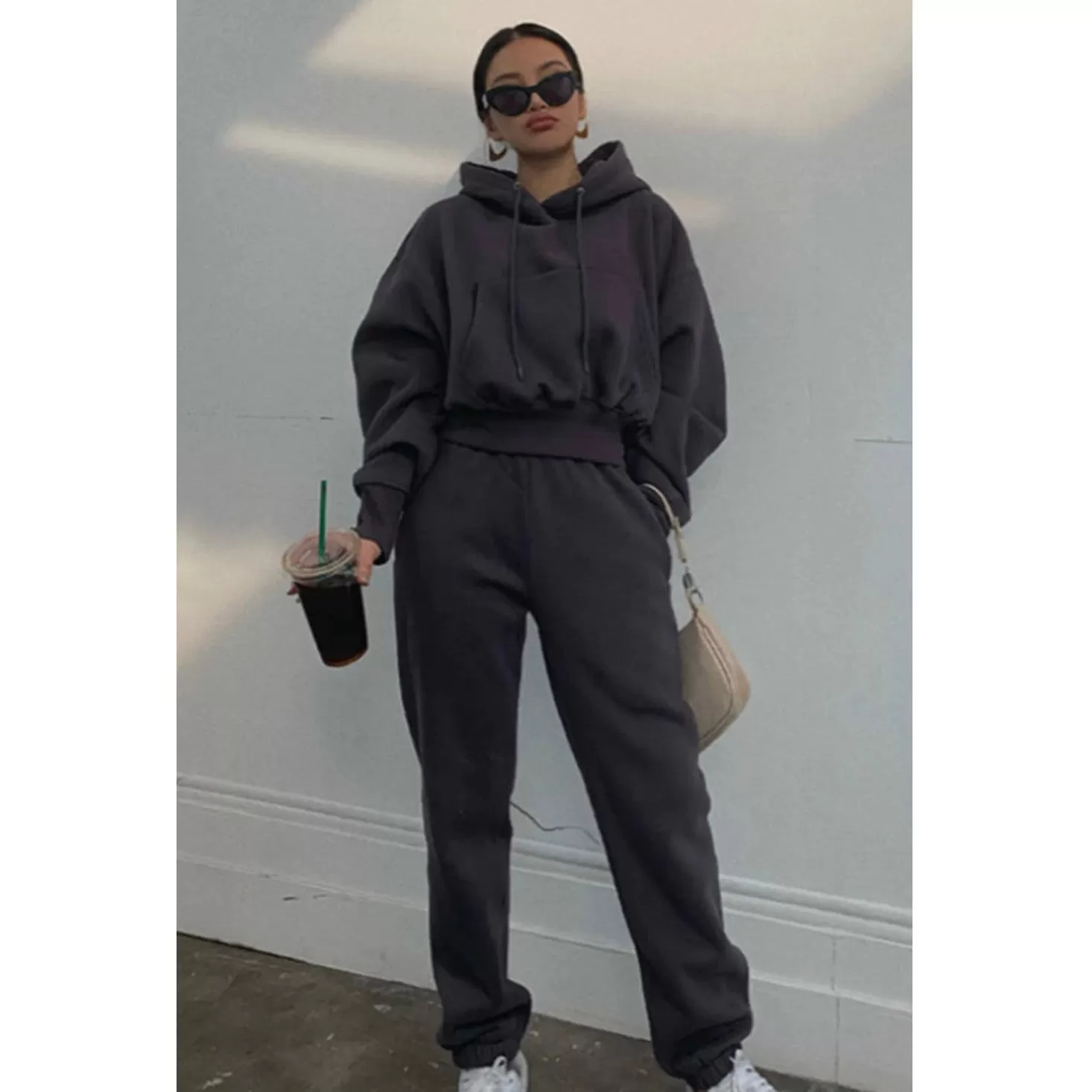 Drawstring Hoodie Crop Top & Jogger Pants