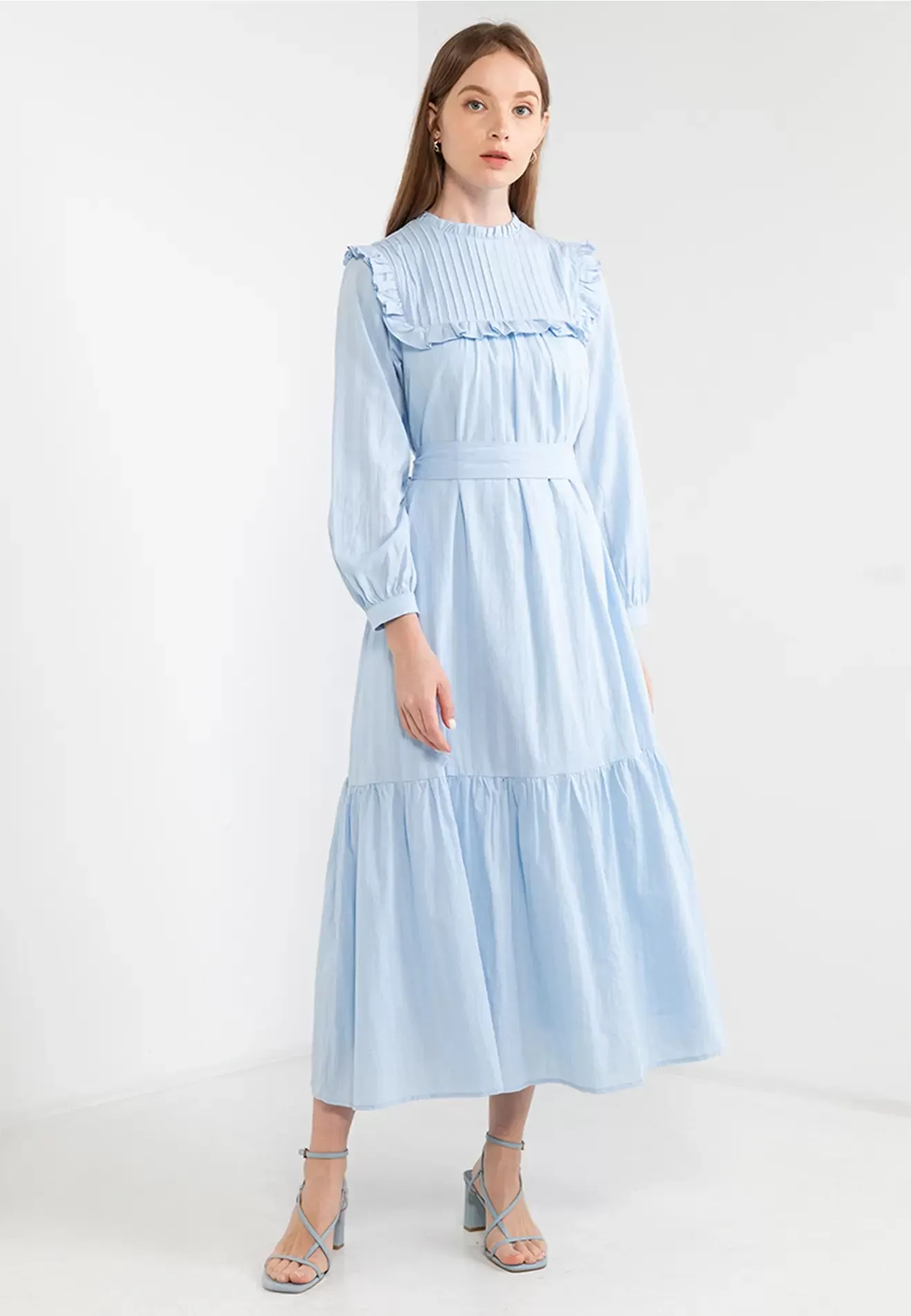 ELLE Apparel Belted Ruffle Trimmed Maxi Dress