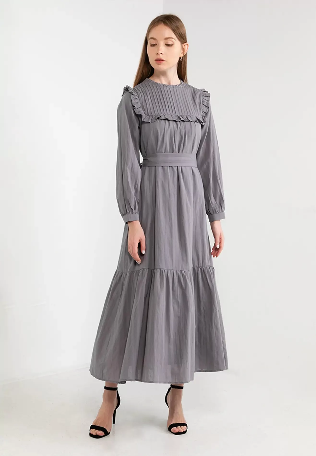 ELLE Apparel Belted Ruffle Trimmed Maxi Dress