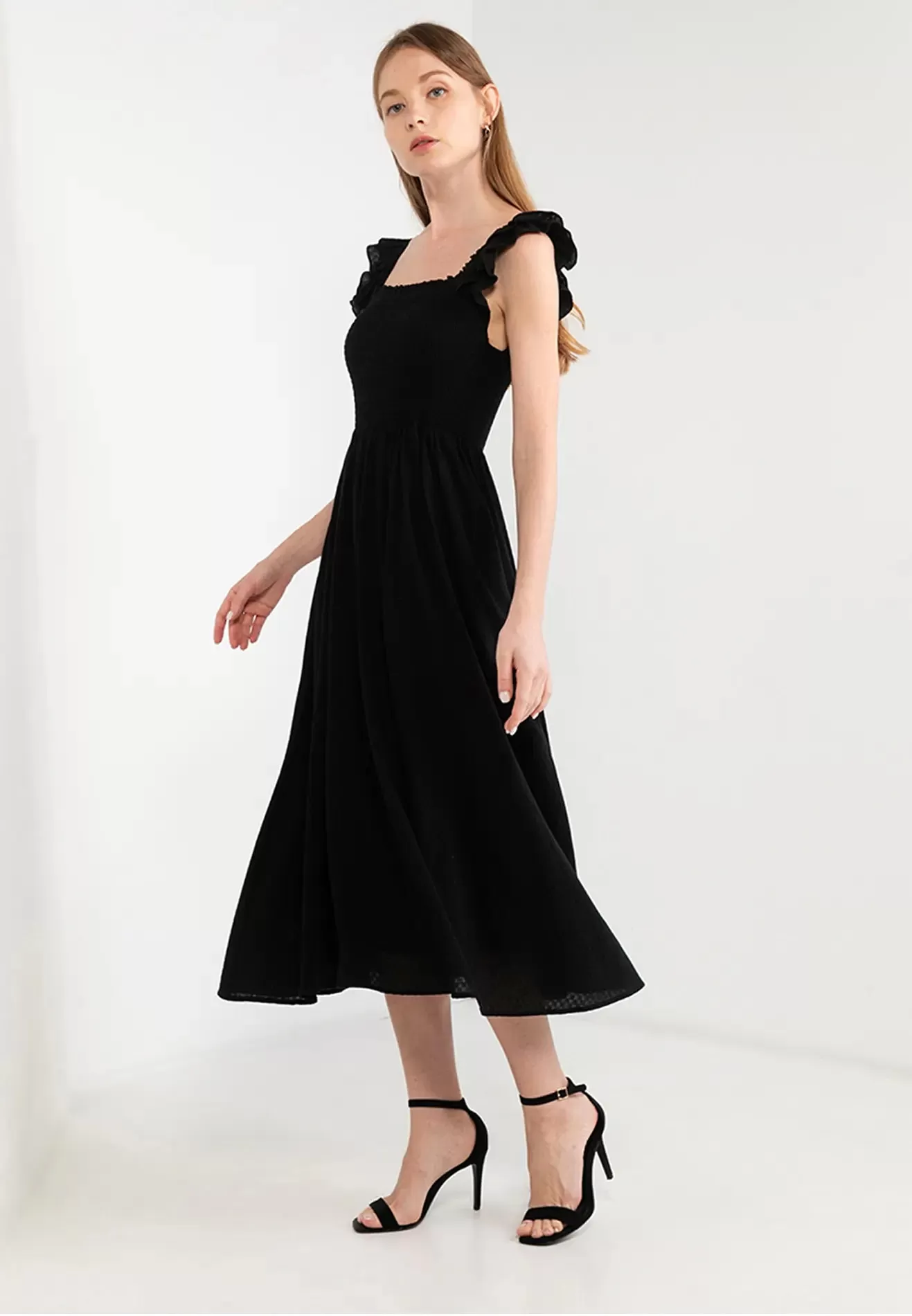 ELLE Apparel Ruffle Sleeves Square Neck Midi Dress