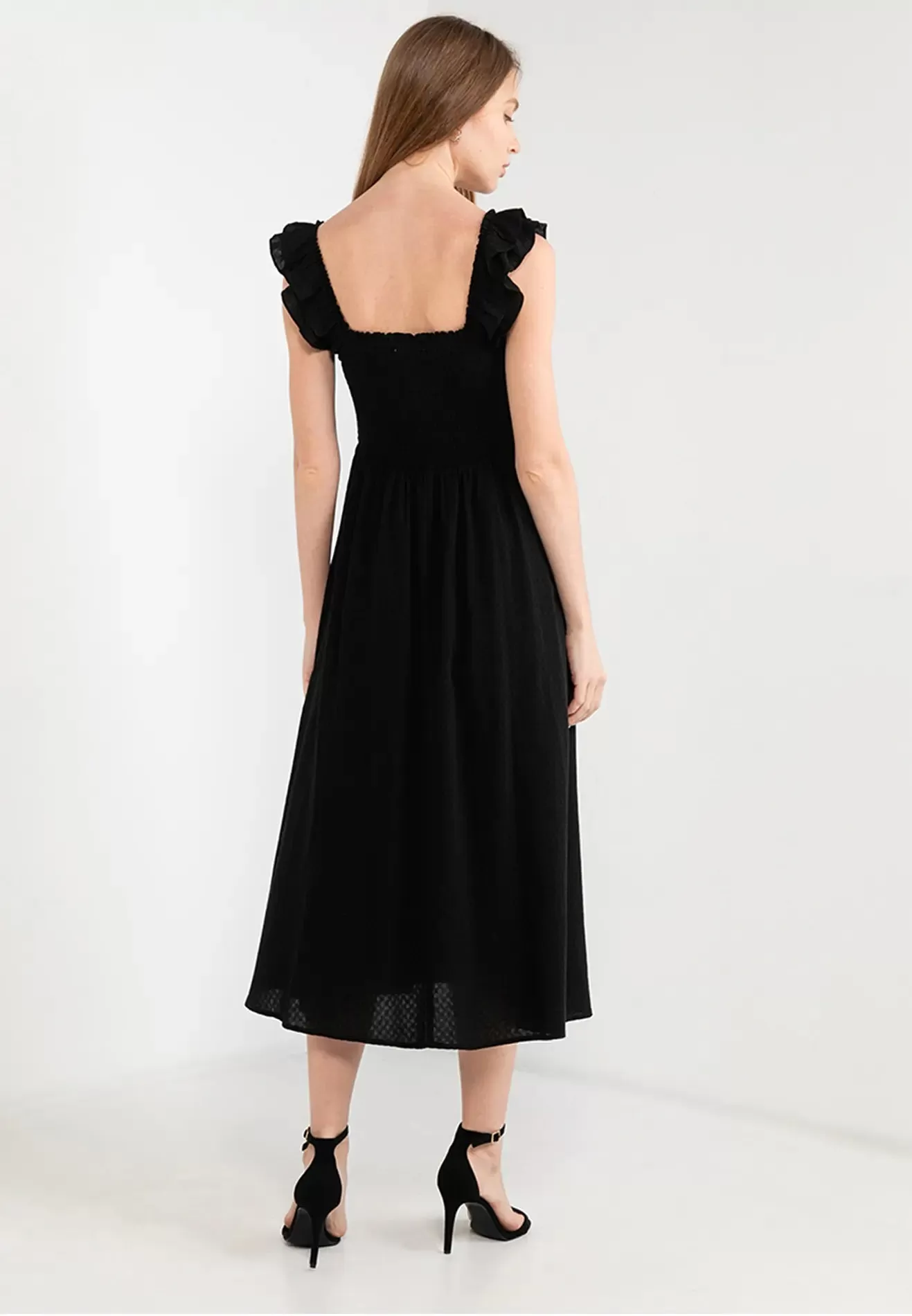 ELLE Apparel Ruffle Sleeves Square Neck Midi Dress