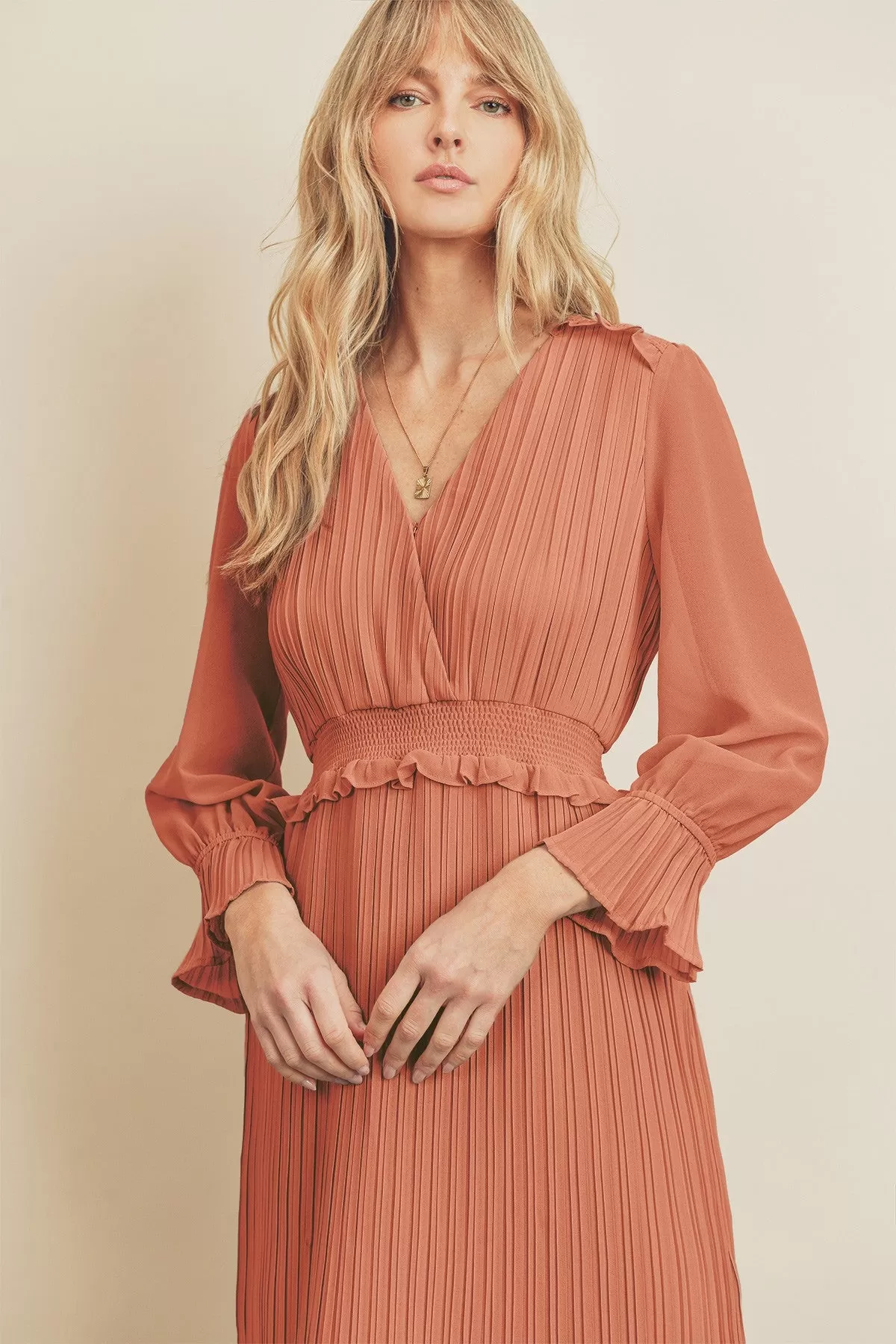 Esmae Pleated Midi Dress in Rose