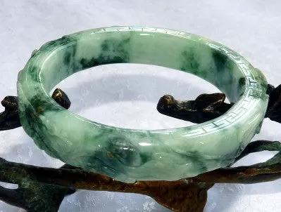 Estate Pre-Owned Qing Dynasty  Carved Dragon Phoenix Jadeite Bangle Bracelet 58mm (TI-1300)