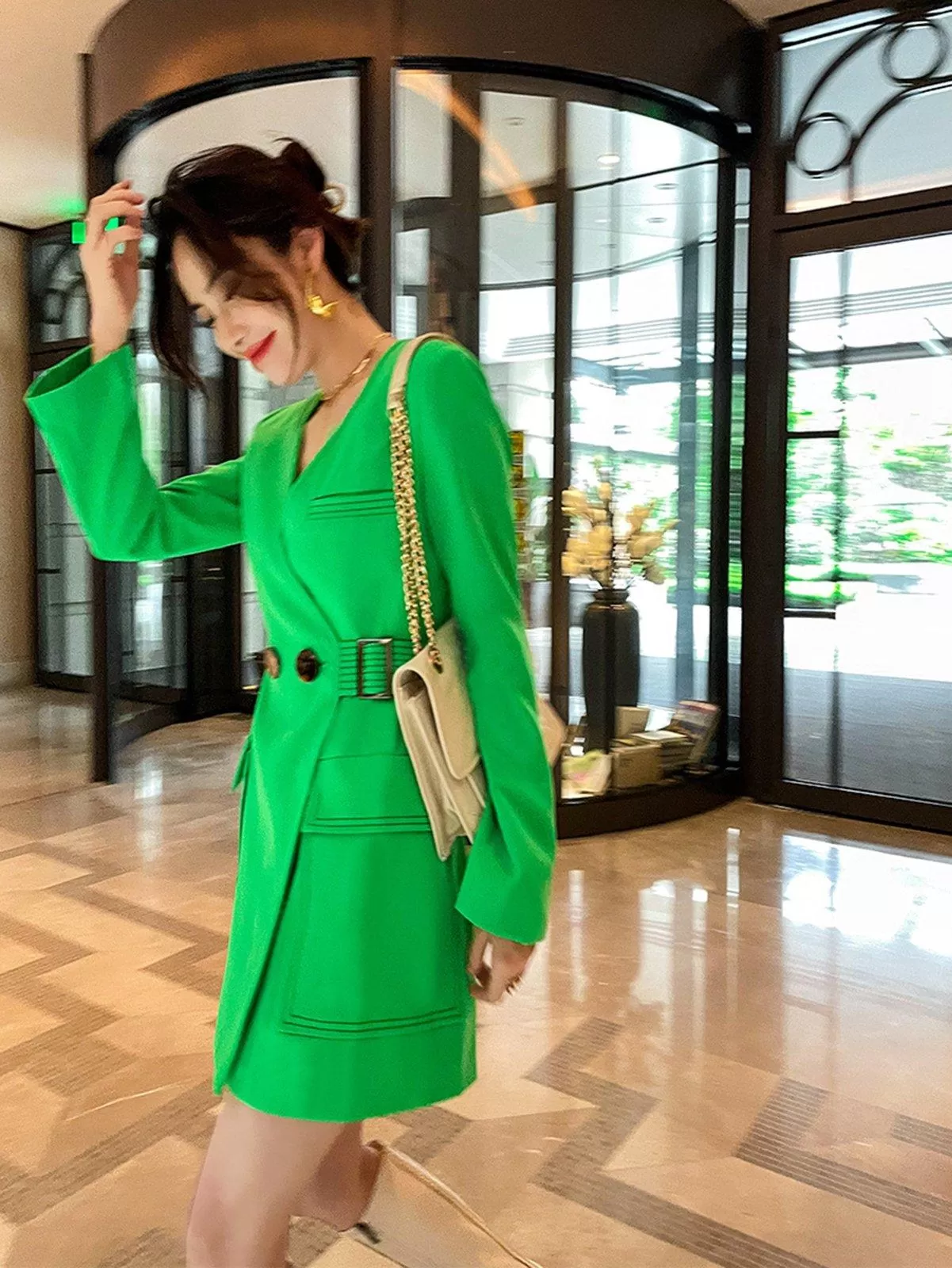 Green Long Sleeve Button Fitted Mini Dress