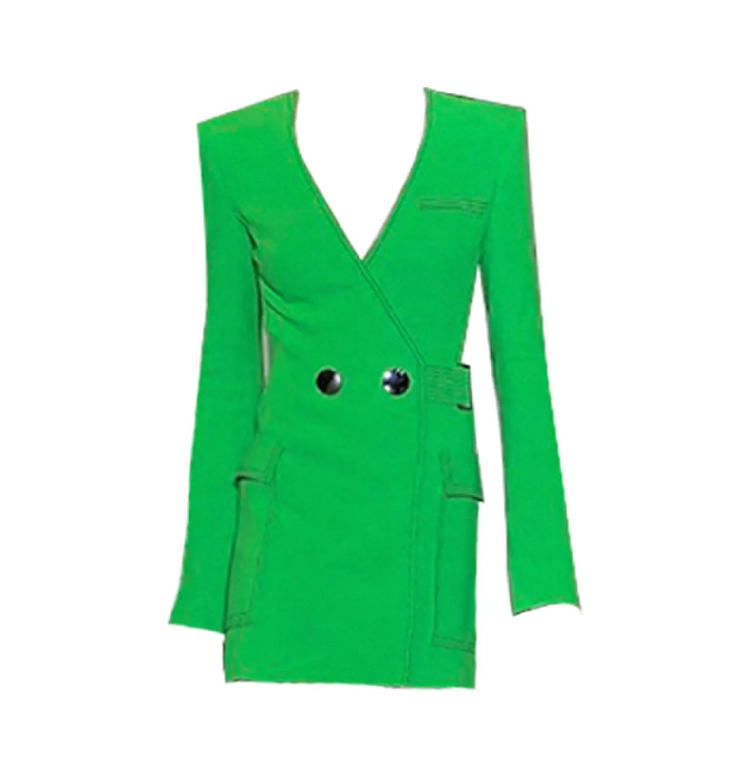 Green Long Sleeve Button Fitted Mini Dress