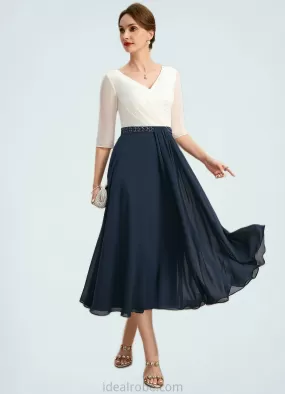 Harley A-line V-Neck Tea-Length Chiffon Mother of the Bride Dress With Beading Pleated STKP0021923