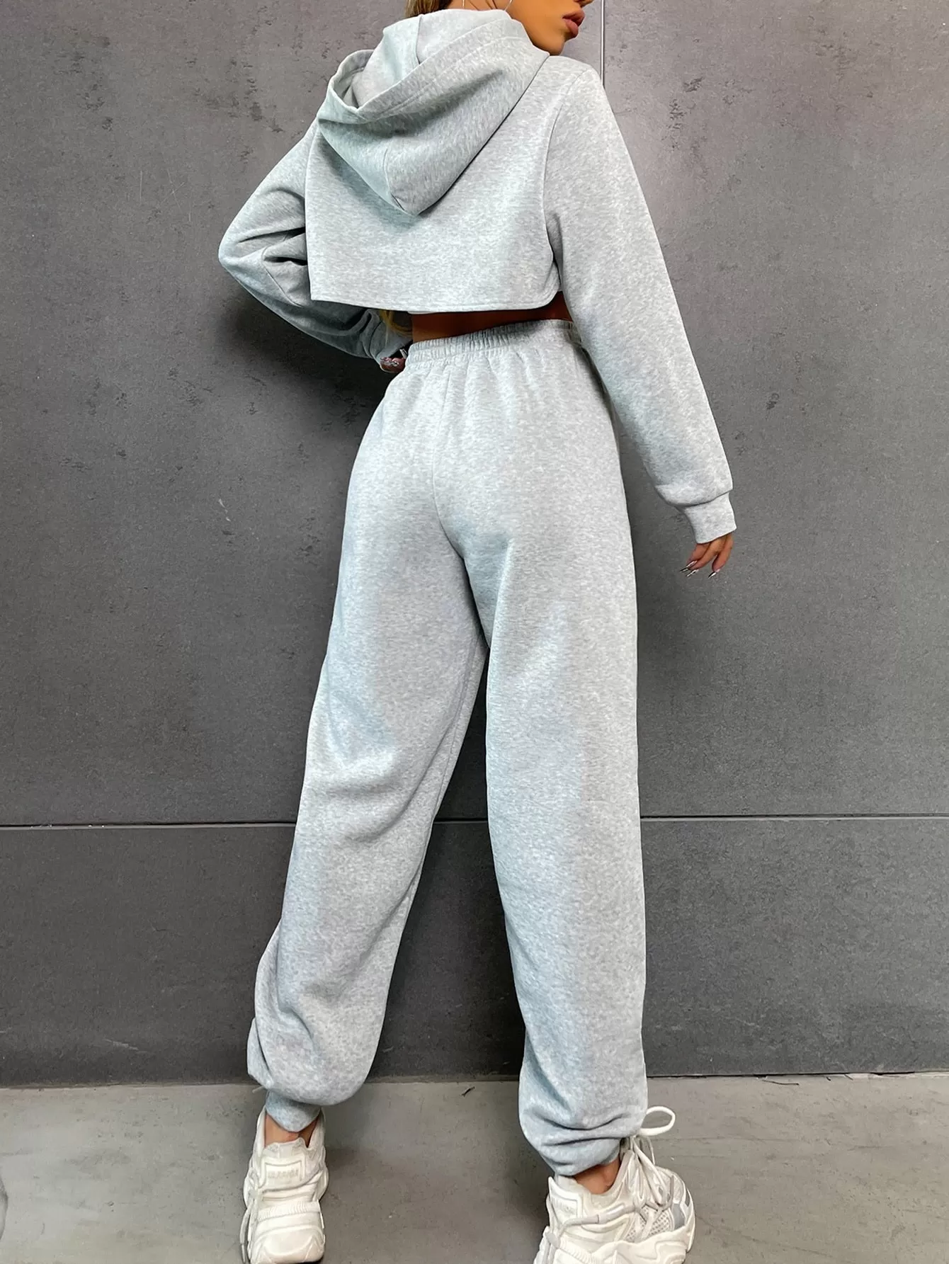 High Low Hem Drawstring Crop Hoodie Sweatpants