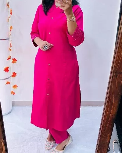 Hot Pink Stylish Cotton Kurti Pant Set Of 2