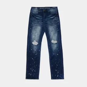 Johnny Straight Blue Splatter Denim Mens Pants (Blue)