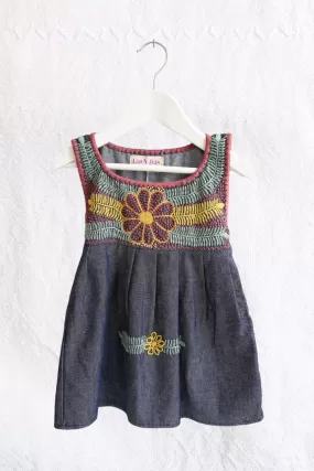 LAS NIAS KIDS MEXICAN EMBROIDERED DENIM MUSTARD DRESS