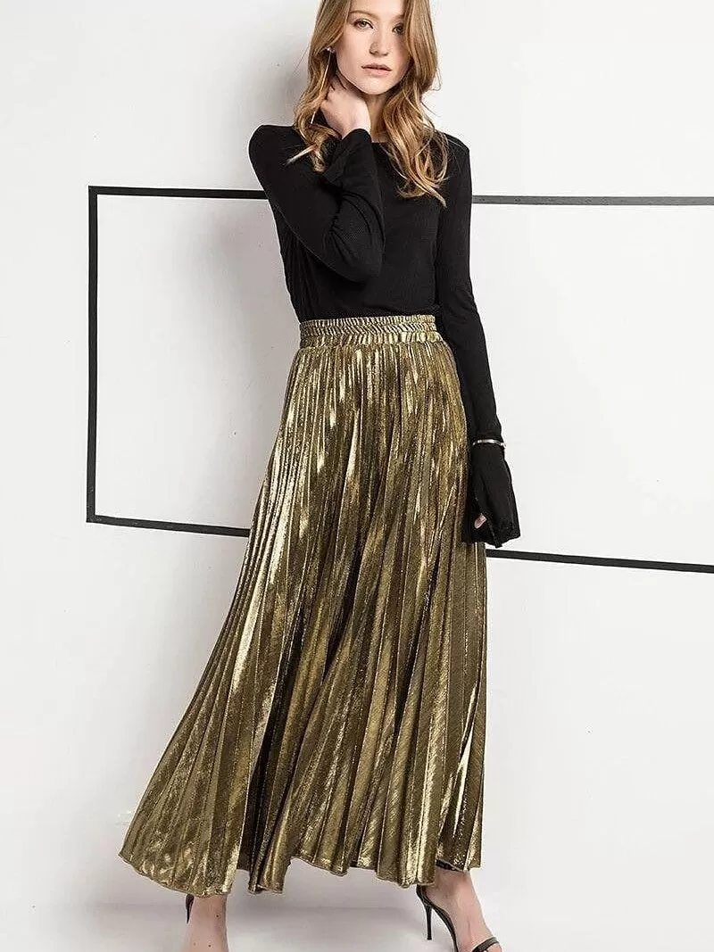 Maxi Pleated Swing Long Skirt in Shiny Metallic Silver Gold