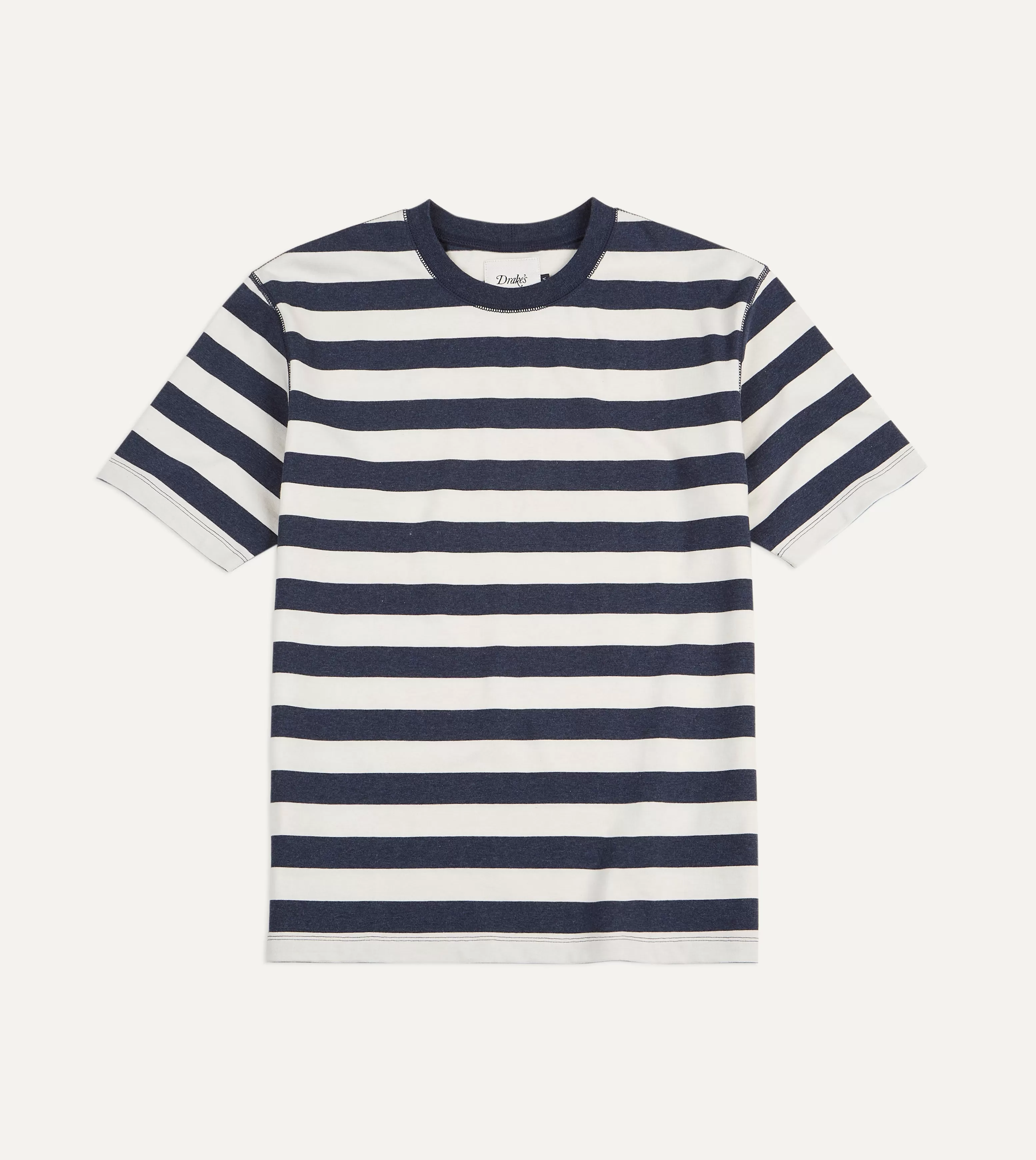 Navy and White Block Stripe Cotton Crew Neck Hiking T-Shirt