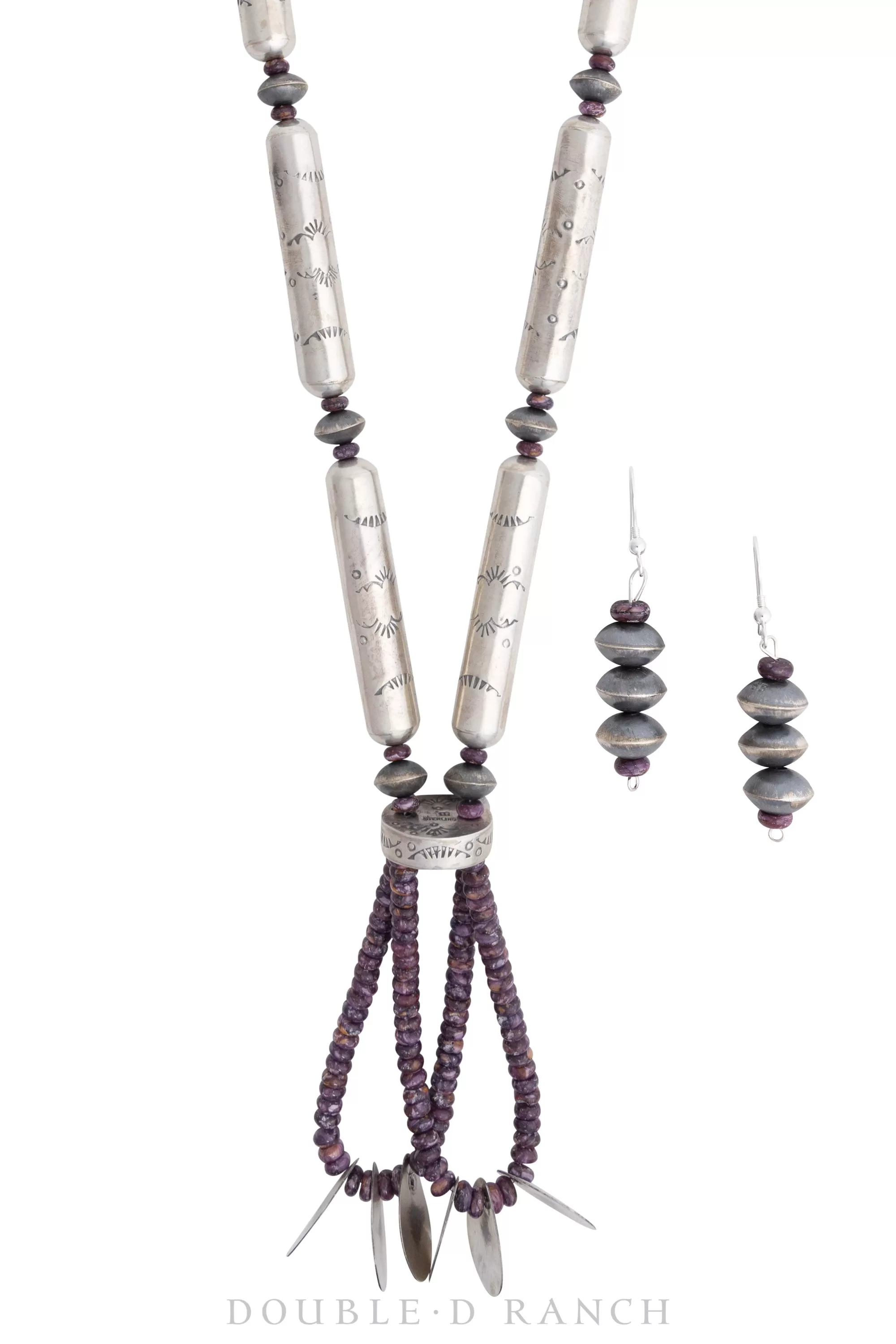 Necklace, Bead, Desert Pearls, Round and Tubular, Sterling Silver, Purple Spiny Oyster, with Earrings, Contemporary, 2947