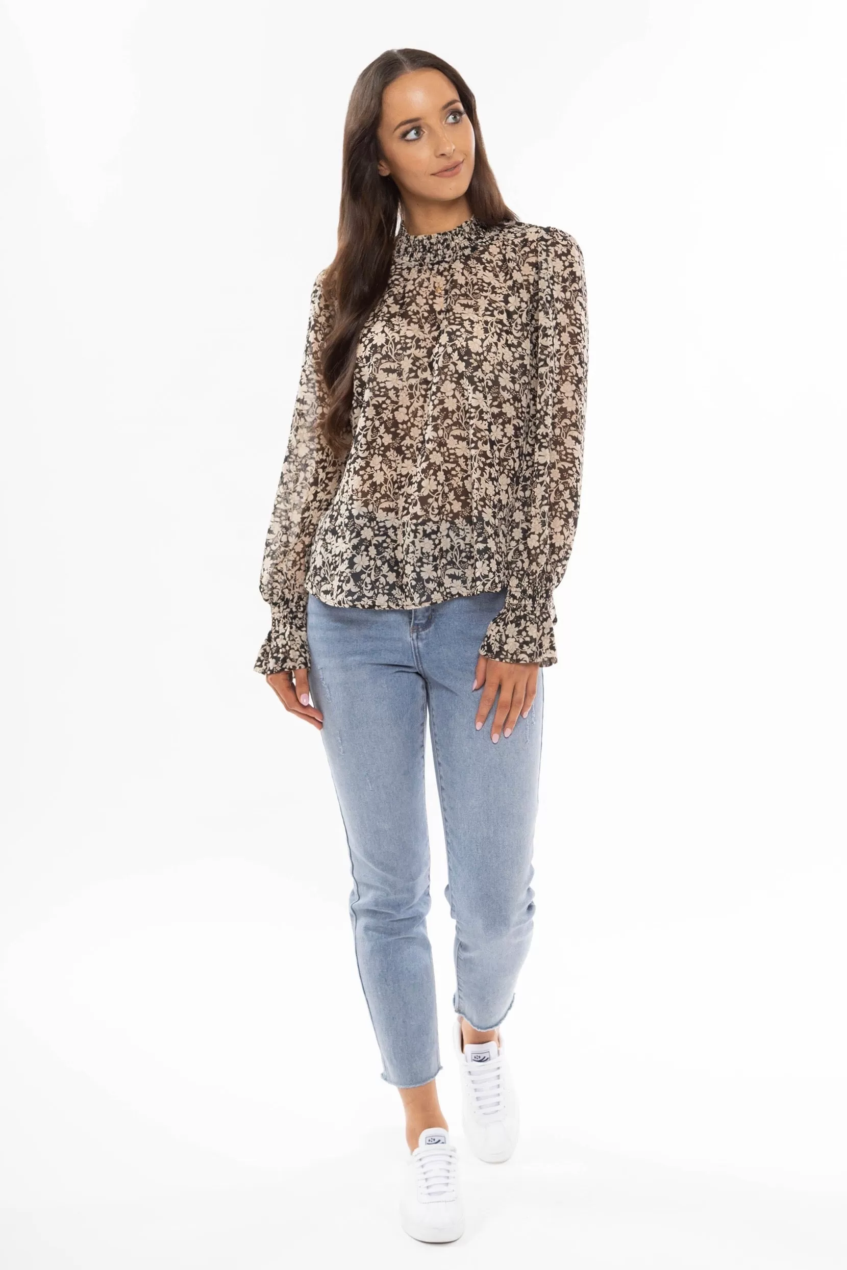 Notting Hill Black Neutral Floral LS Shirred Top