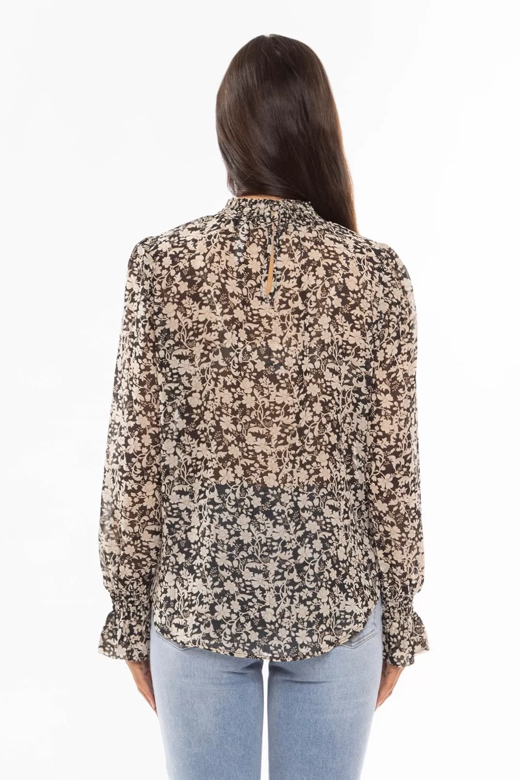 Notting Hill Black Neutral Floral LS Shirred Top