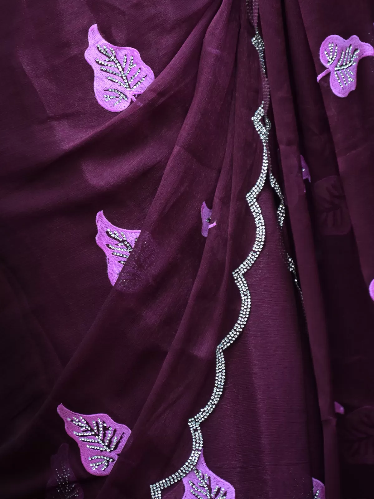 Odette Purple Embroidered Chiffon Silk Saree with Unstitched Blouse for Women