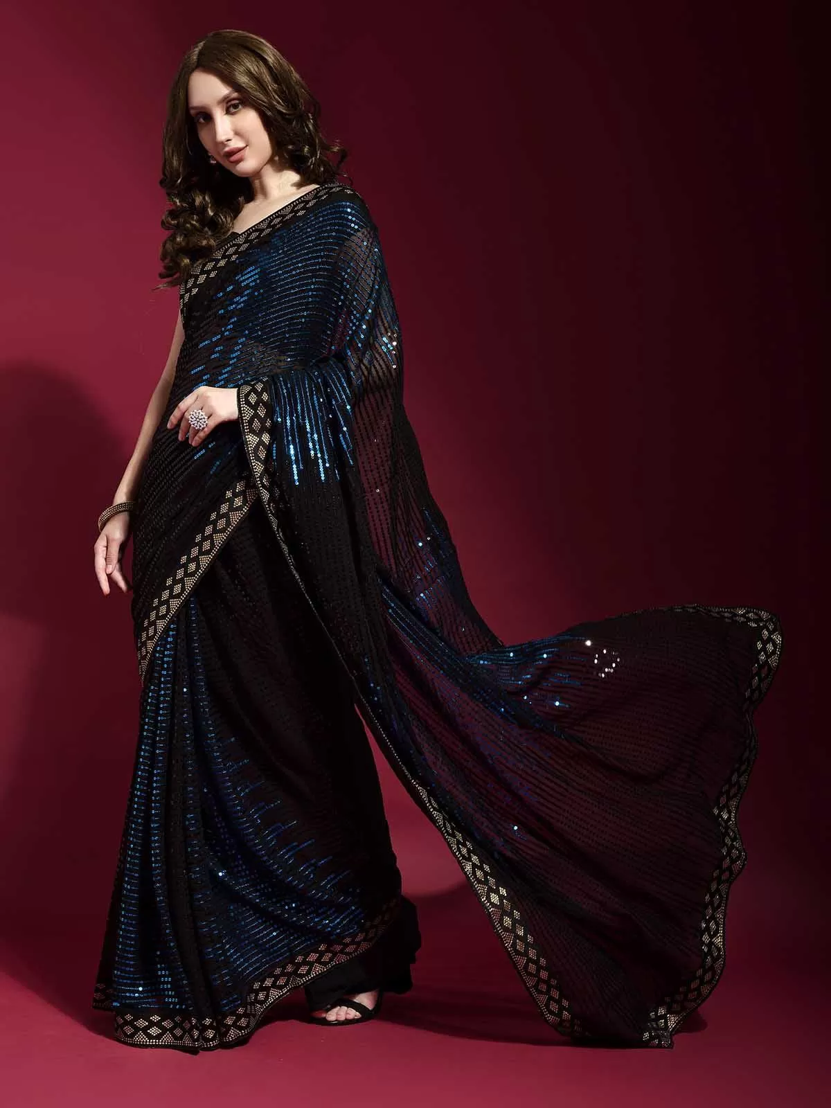 Odette Women Black And Blue Georgette Sequence Saree With Unstitched Blouse