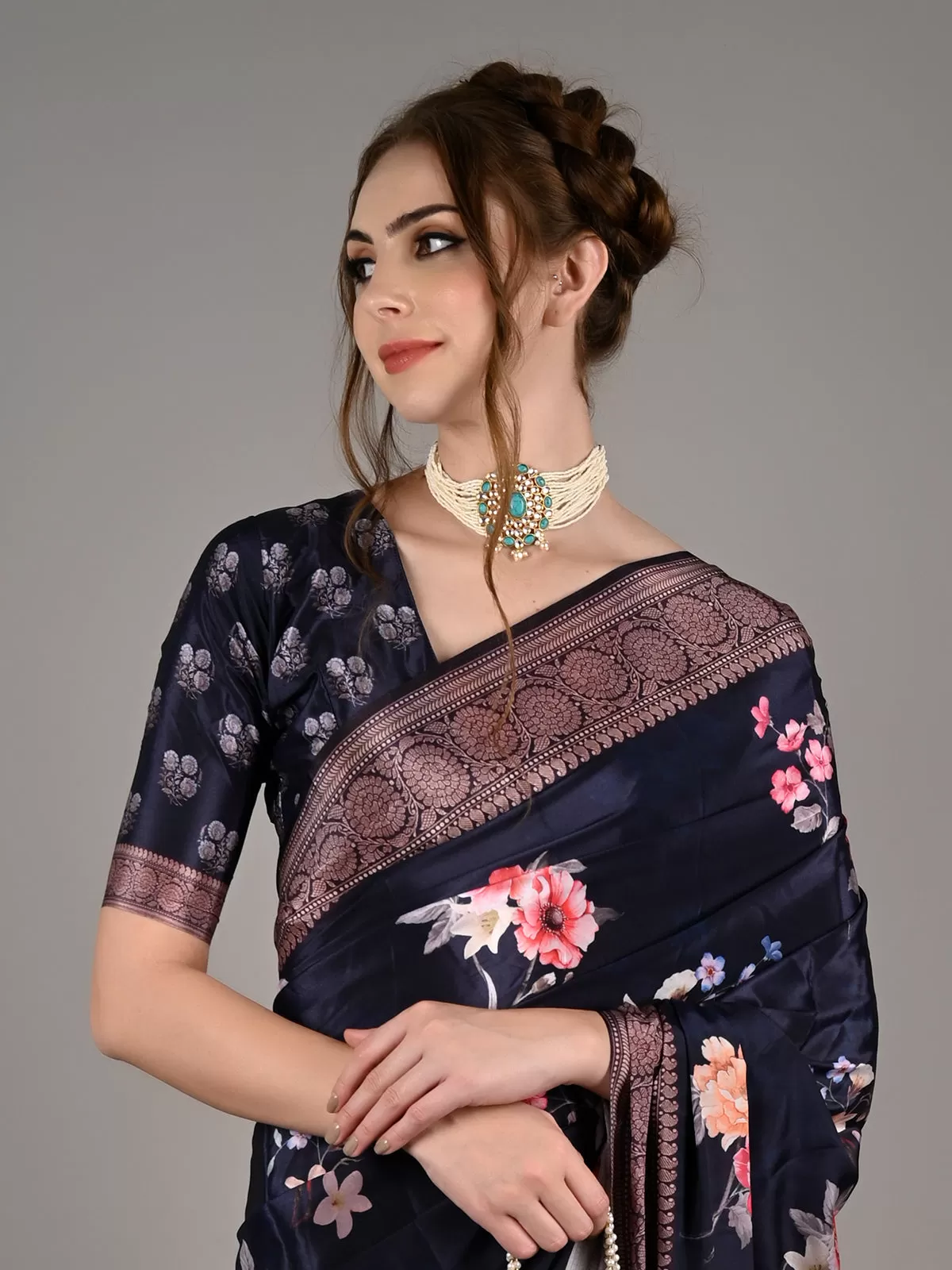 Odette Women Dark Blue Silk Crepe Floral Printed Saree With Unstitched Blouse