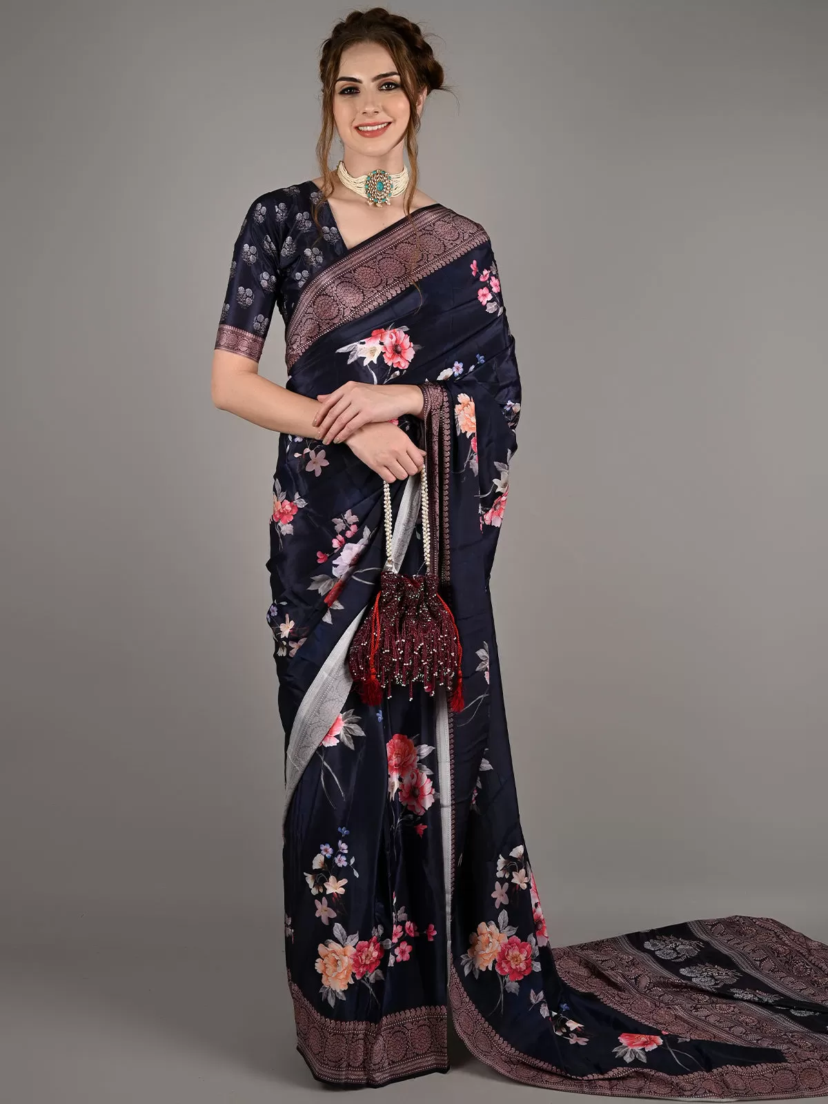 Odette Women Dark Blue Silk Crepe Floral Printed Saree With Unstitched Blouse