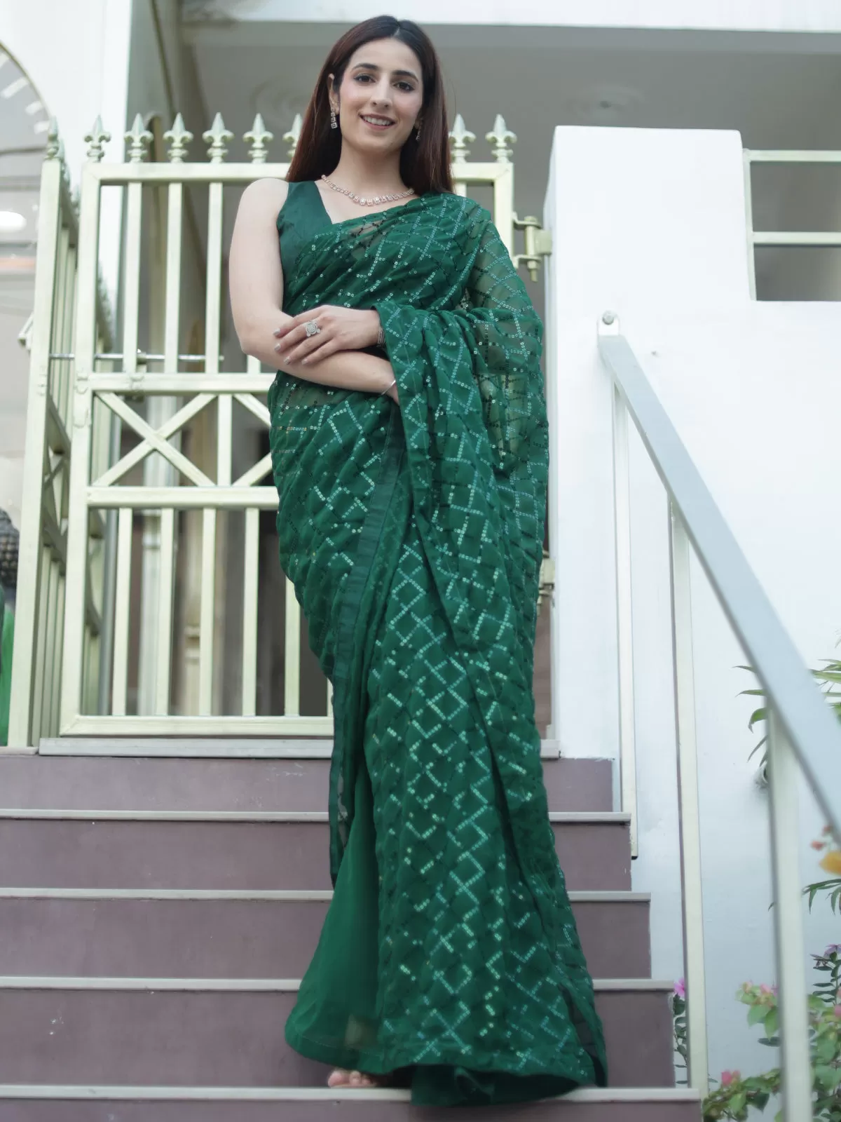 Odette Women Green Designer Sequins Saree With Unstitched Blouse