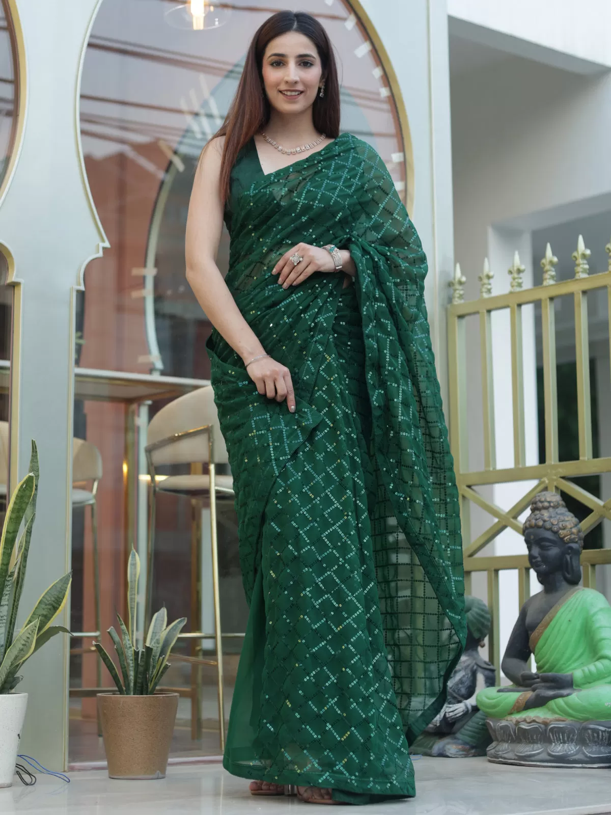 Odette Women Green Designer Sequins Saree With Unstitched Blouse