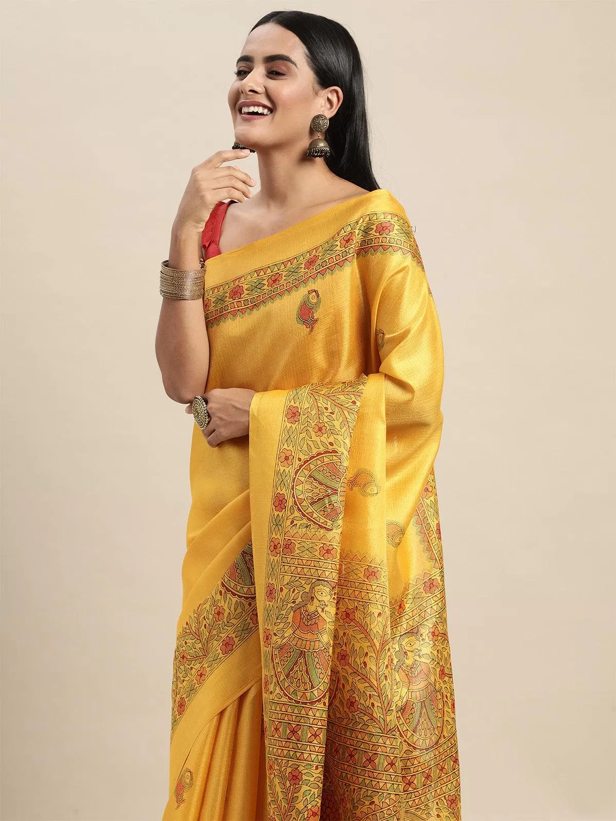 Odette Women Khadi Silk Mustard Printed Saree With Blouse Piece