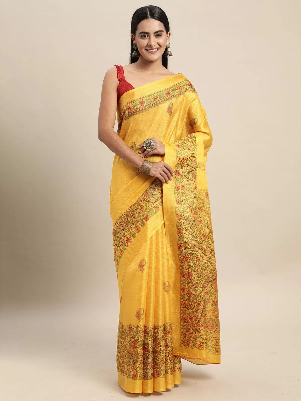 Odette Women Khadi Silk Mustard Printed Saree With Blouse Piece