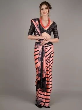 Odette Women Peach Satin Crepe Stripes Saree With Unstitched Blouse