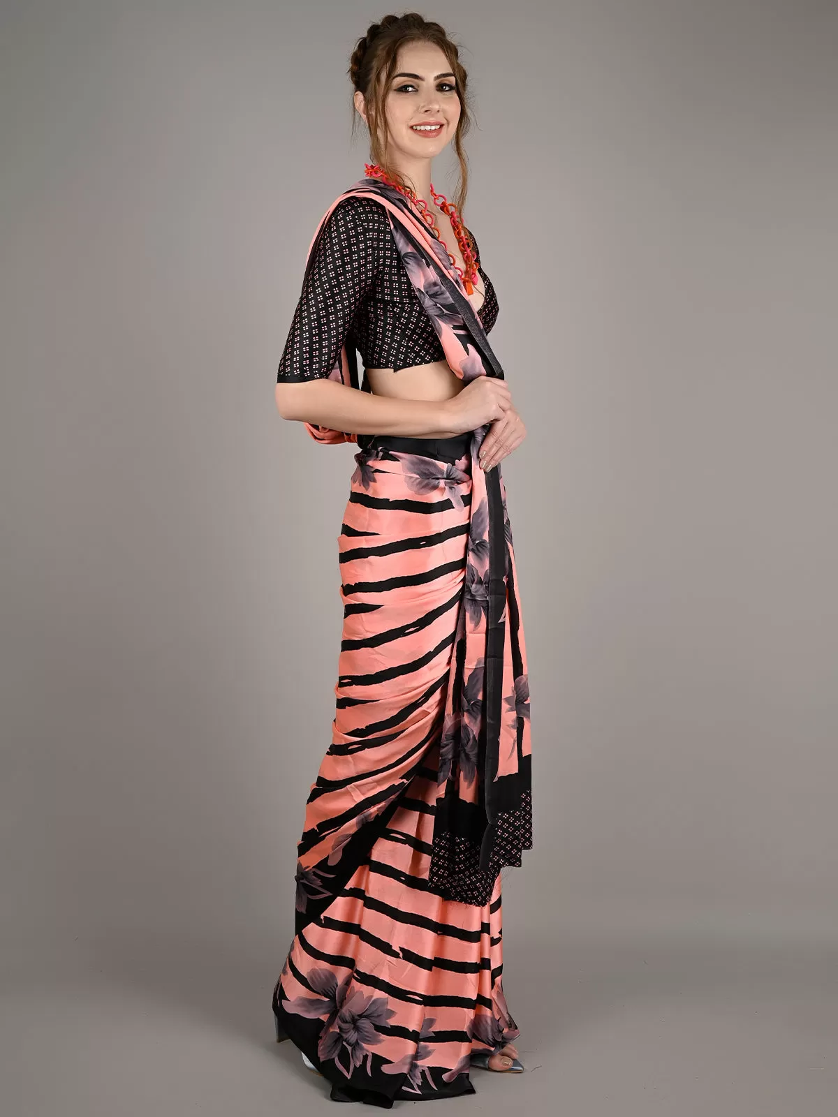 Odette Women Peach Satin Crepe Stripes Saree With Unstitched Blouse