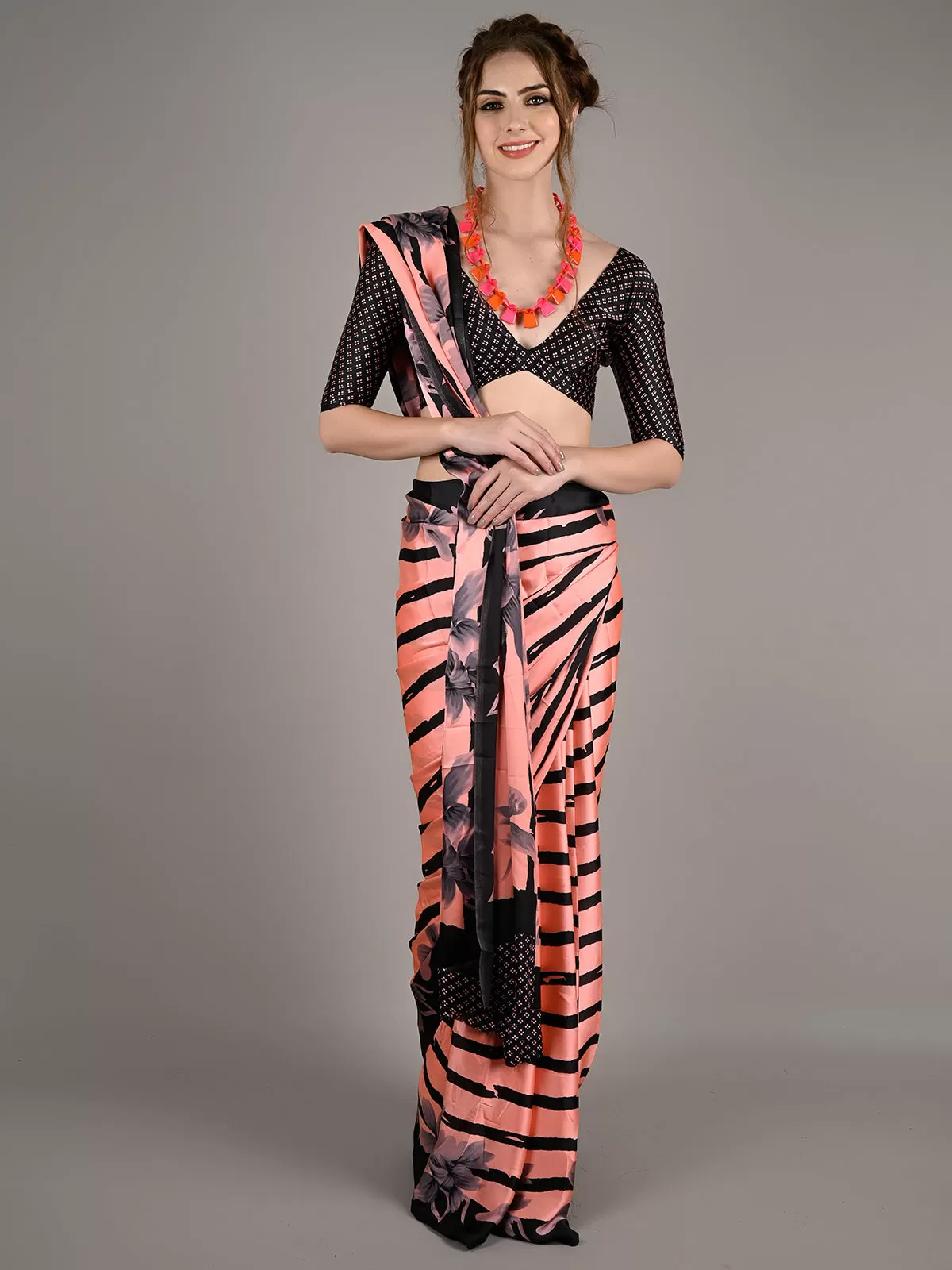 Odette Women Peach Satin Crepe Stripes Saree With Unstitched Blouse