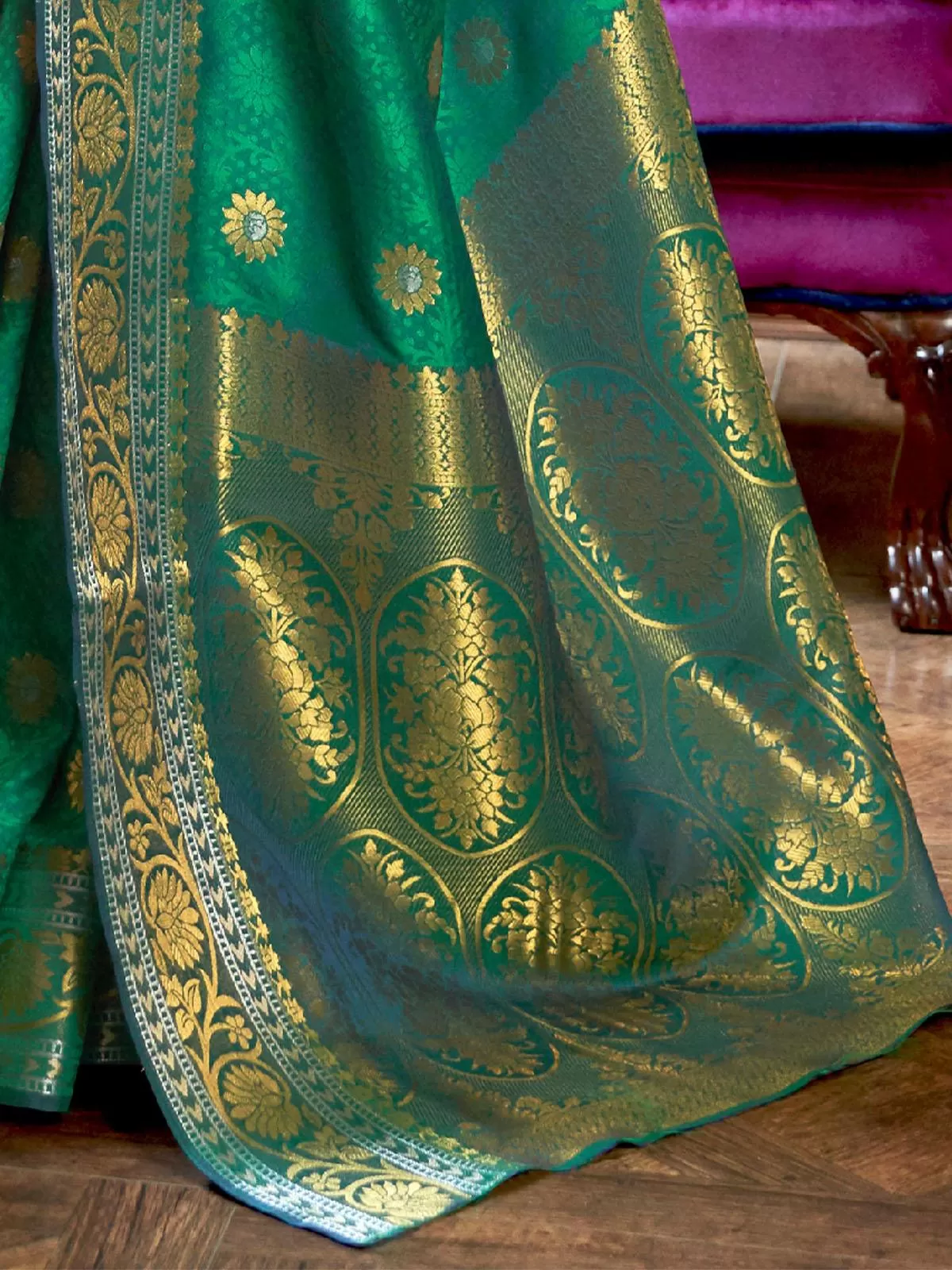 Odette Women Silk Blend Teal Green Woven Design Handloom Saree With Blouse Piece