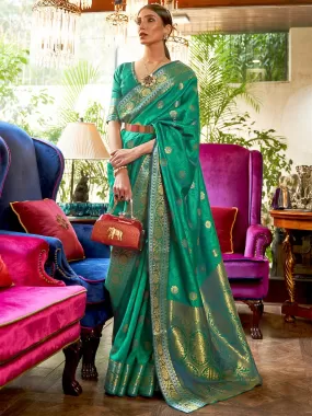 Odette Women Silk Blend Teal Green Woven Design Handloom Saree With Blouse Piece