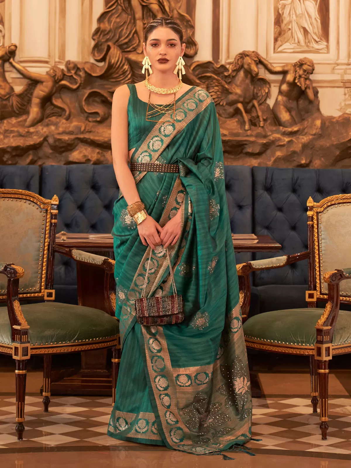 Odette Women Teal Silk Blend Woven Saree With Unstitched Blouse