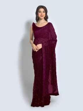 Odette Women Wine Designer Sequins Saree With Unstitched Blouse