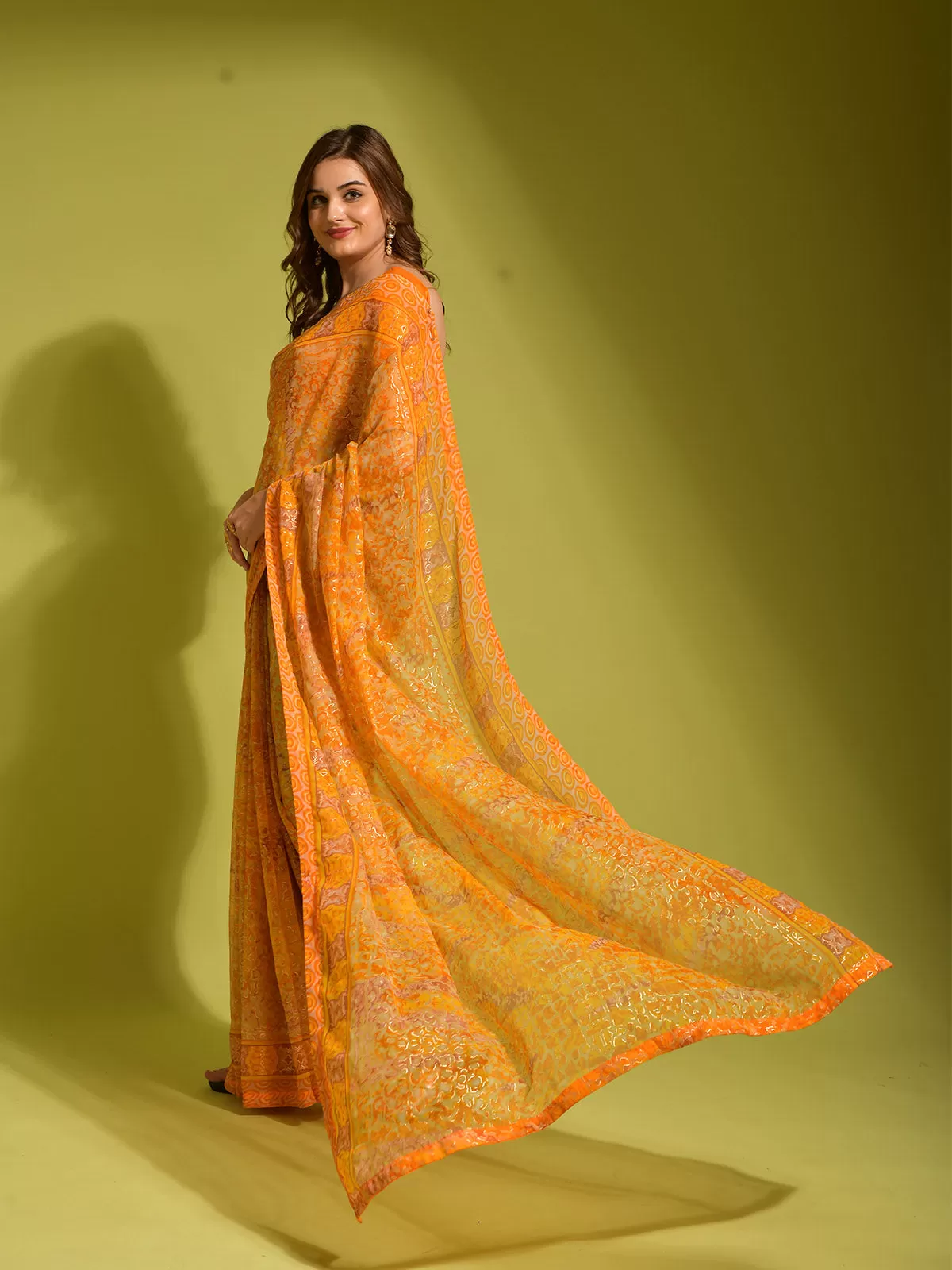 Odette Women Yellow Georgette Designer Saree With Unstitched Blouse