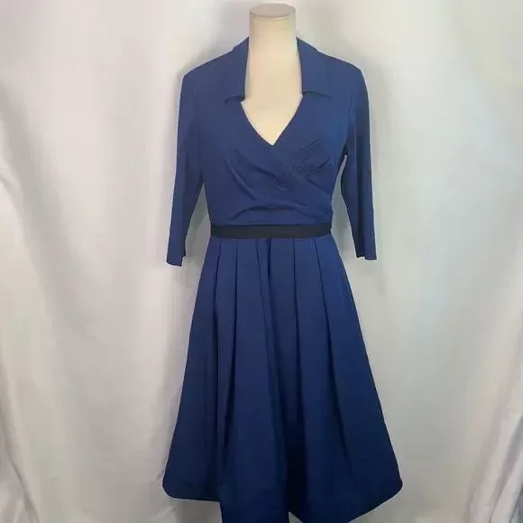 Pamela Roland Blue Pleated Bottom Fit/Flare Dress