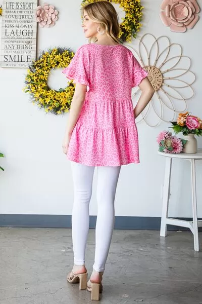 Pink Leopard Ruffle Trim Short Sleeve Top (Online Exclusive)