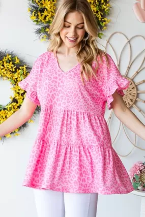 Pink Leopard Ruffle Trim Short Sleeve Top (Online Exclusive)