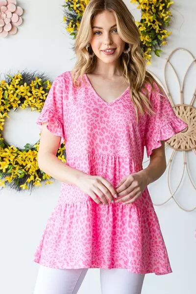 Pink Leopard Ruffle Trim Short Sleeve Top (Online Exclusive)