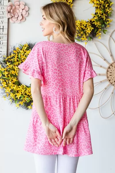 Pink Leopard Ruffle Trim Short Sleeve Top (Online Exclusive)