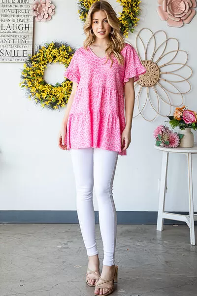 Pink Leopard Ruffle Trim Short Sleeve Top (Online Exclusive)